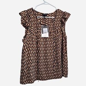 Who What Wear brown and beige geometric pattern blouse with ruffle sleeves